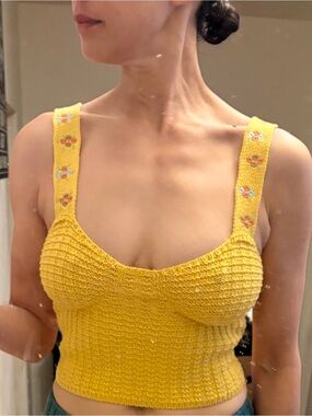 Zara Yellow Cropped Knit Tank Top with Floral Straps, Size Small